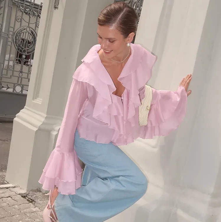 

Sexy Loose Pink Women's Shirt 2025 Fashion V-Neck Long Sleeve Shirts Elegant Classic Ruffle Solid Top Female Clothing