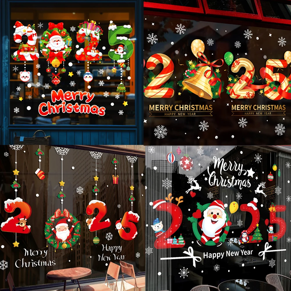 Happy New Year 2025 Window Stickers Merry Christmas Window Stickers Xmas Garland Santa Bells Wall Sticker  Christmas Decoration