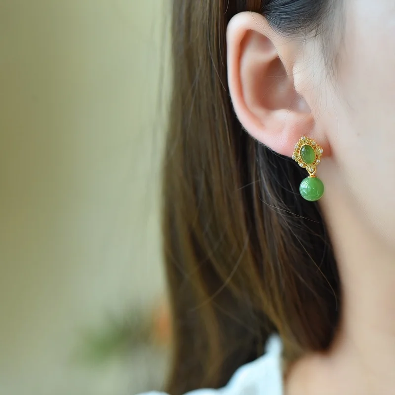 SGARIT Authentic Jadeite Hetian Green Jade S925 Silver Inlay 10*22mm Round Bead Stud Earrings Luxury Accents Unique Design Style
