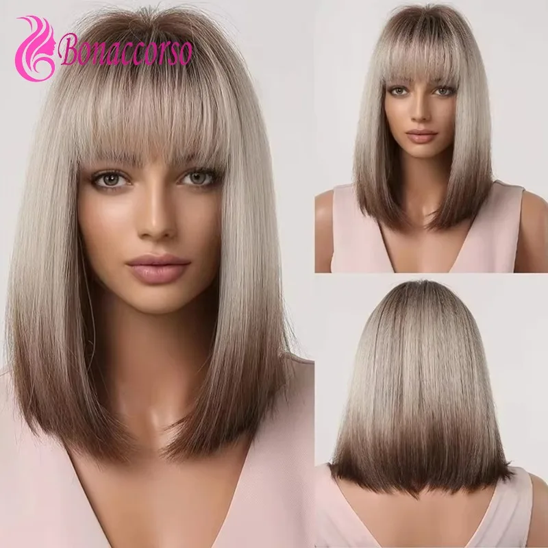 

Blonde Brown Bob Wig Blunt Bangs Synthetic Short Straight Wig For Women Heat Resistant Fiber Rose Net High Quality Wig Daily Use