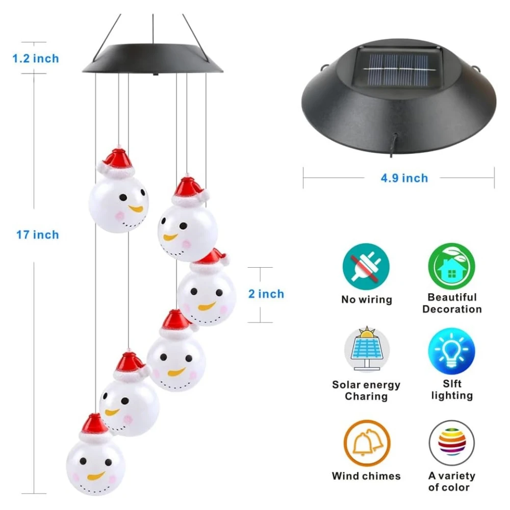 Christmas Solar Wind Chimes Snowman Mobile Hanging LED Color Changing Wind Chime for Indoor and Outside Garden Patio Yard Decor