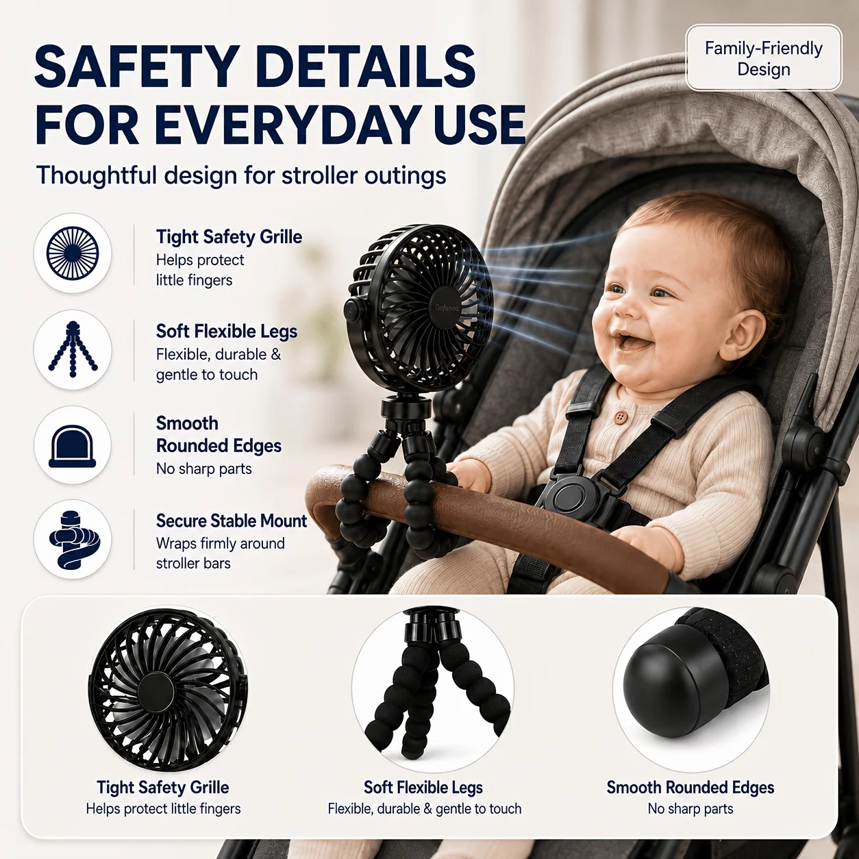 Mini Stroller Fan, Rechargeable USB-C Portable Fan with Flexible Tripod Legs, 3 Speeds, 360° Rotation, Compact Lightweight