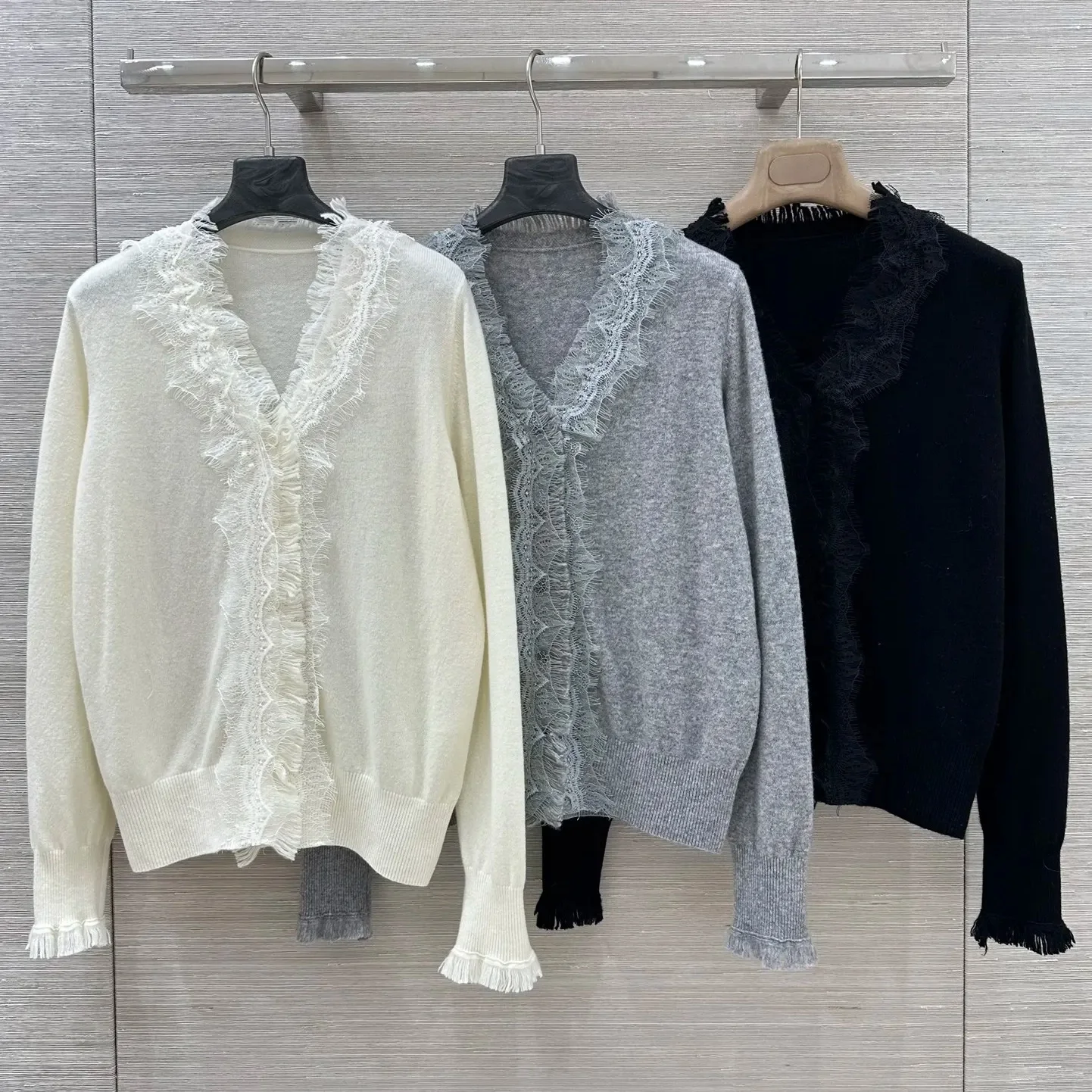 

Women lace trim wool knitted cardigan sweater elegant temperament fashion knit coat