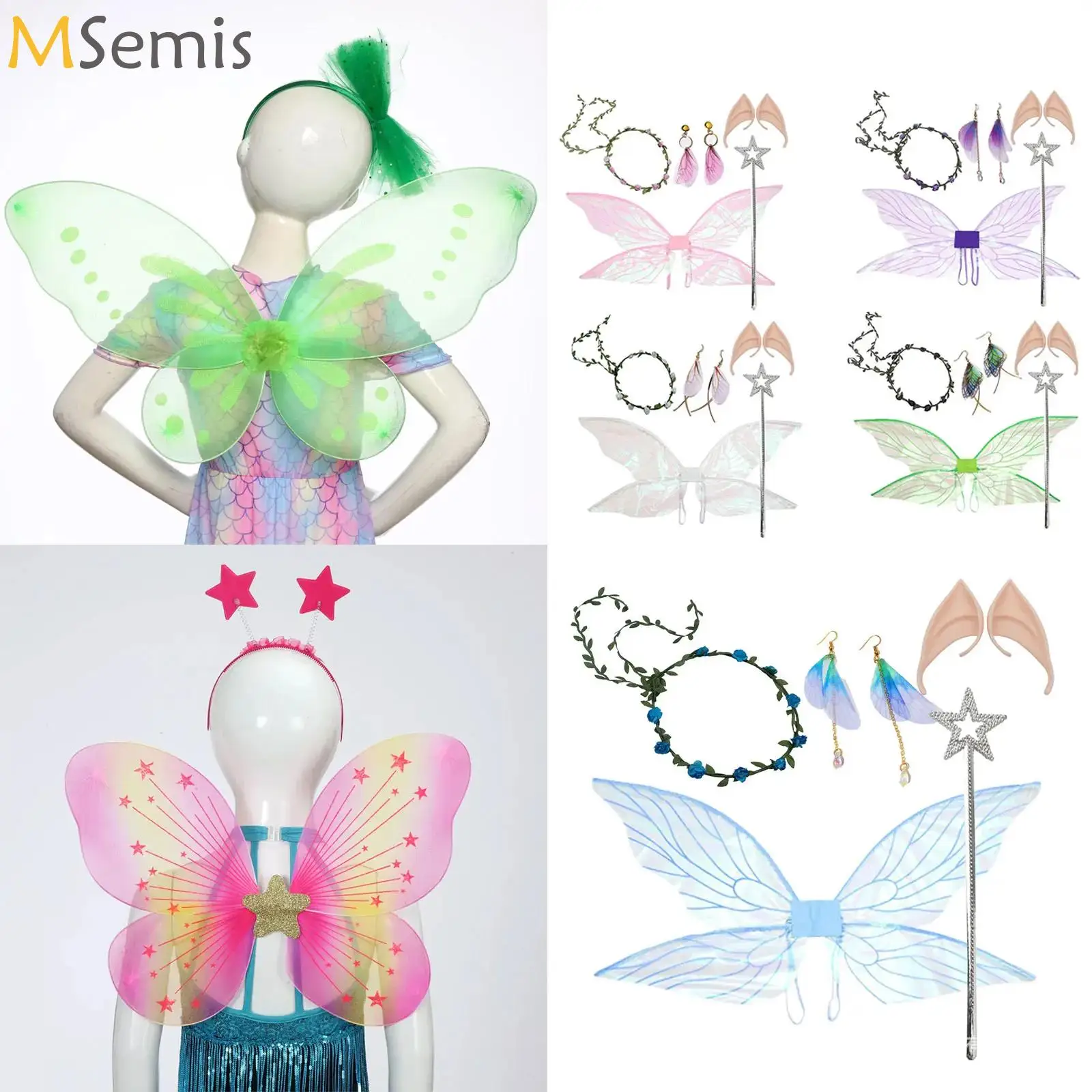 Butterfly Wings Fairy Elf Ear Women's Girls Princess Halloween Cosplay Elf Wings Fantasy Butterfly Wing Cosplay Accessory Set
