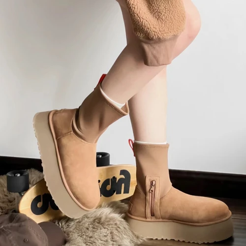 여성용 두꺼운 밑창 연필 스노우 부츠, 새로운 소가죽 유행 중창, 두꺼운 울 단열재, 스노우 펜슬 부츠 