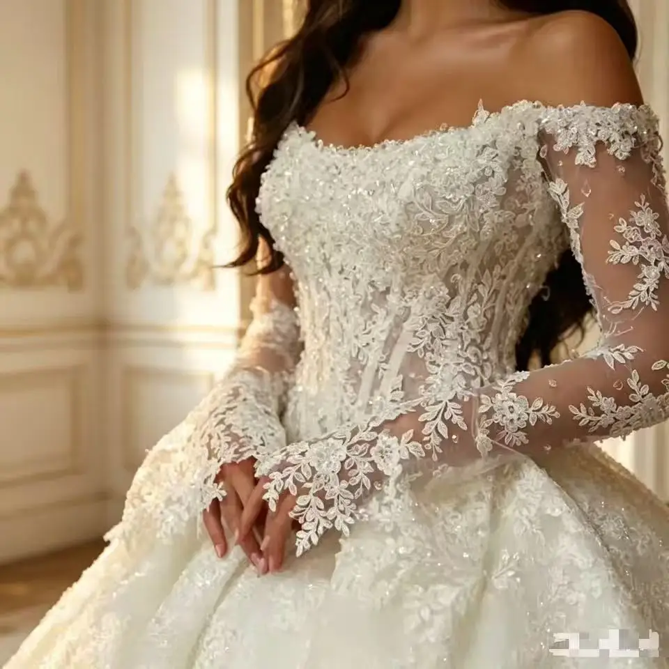 Princess Wedding Dresses 2026 Ivory Plus Size Crystal Bride Romantic Bridal Gown Off Shoulder Long Sleeves Customizd