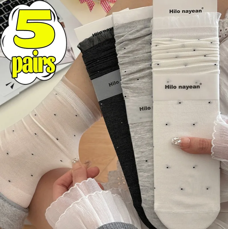 1/5pairsThin Polka Dot Sock Hollow Out Loose Socks Casual Basic Fashion Long Socks Comfort