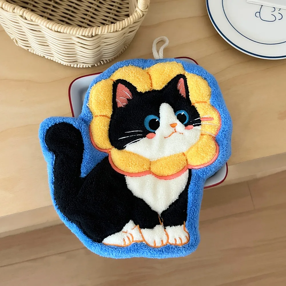 

2 шт., водопоглощающее полотенце для рук с рисунком кота, коралловый флис, приятная для кожи ткань для рук в ванной комнате, подвесная утолщенная ткань
