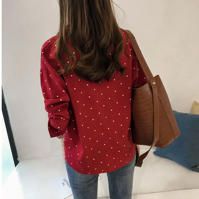 Dot Print Button Turn-down Collar Long Sleeve Women\'s Chiffon Blouse Fashion And Elegant Versatile Shirt