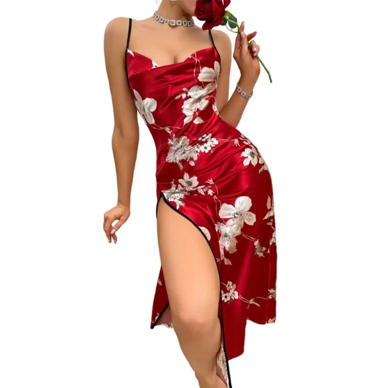 Fashion Sexy Print Nightgown Women Luxury Backless Slit Camisole Skirt Home Wear Summer Thin Breathable Imitation Silk Pajamas