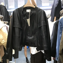 Spring Autumn New Motorcycle Leather Jacket Women Fashionable PU Washed Leather Short Coat Woman