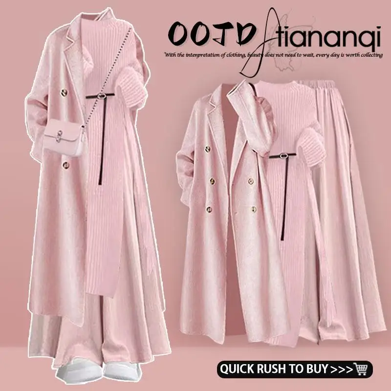 

Pink Outerwear Coat Women's Autumn Winter Fashion Set with Dress Skirt Stop Sign Small Fragrance Style Long Sleeve Long Pants