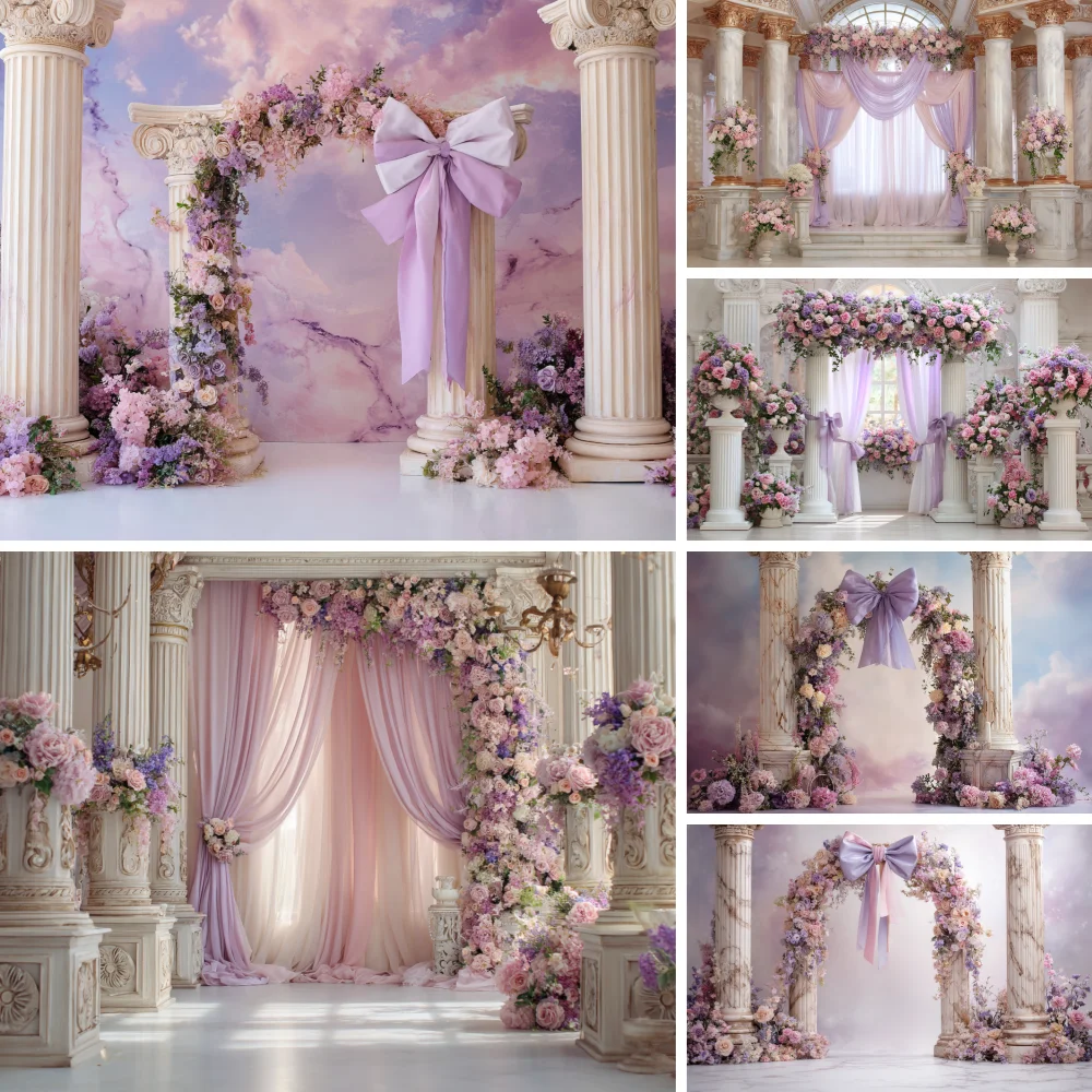 Arch Palace Photography Backdrop Pink Bow Floral Column Decor Wedding Background Newborn Baby Show Portrait Studio