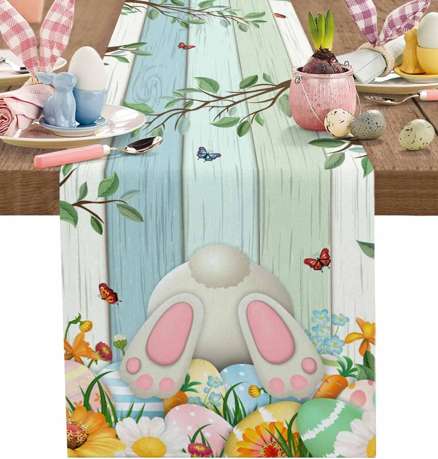 Easter Bunny Eggs Linen Table Runner Holiday Party Decor Spring Tulip Flowers Leaf Wood Grain Table Runners Dining Table Decor