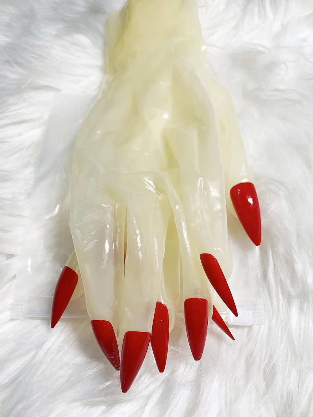 

Crossdress Male To Female Oil Shiny Transparent Super Thin Latex Zentai Long Red Flat Nails Fetish Sheer Cosplay Kigurumi Gloves