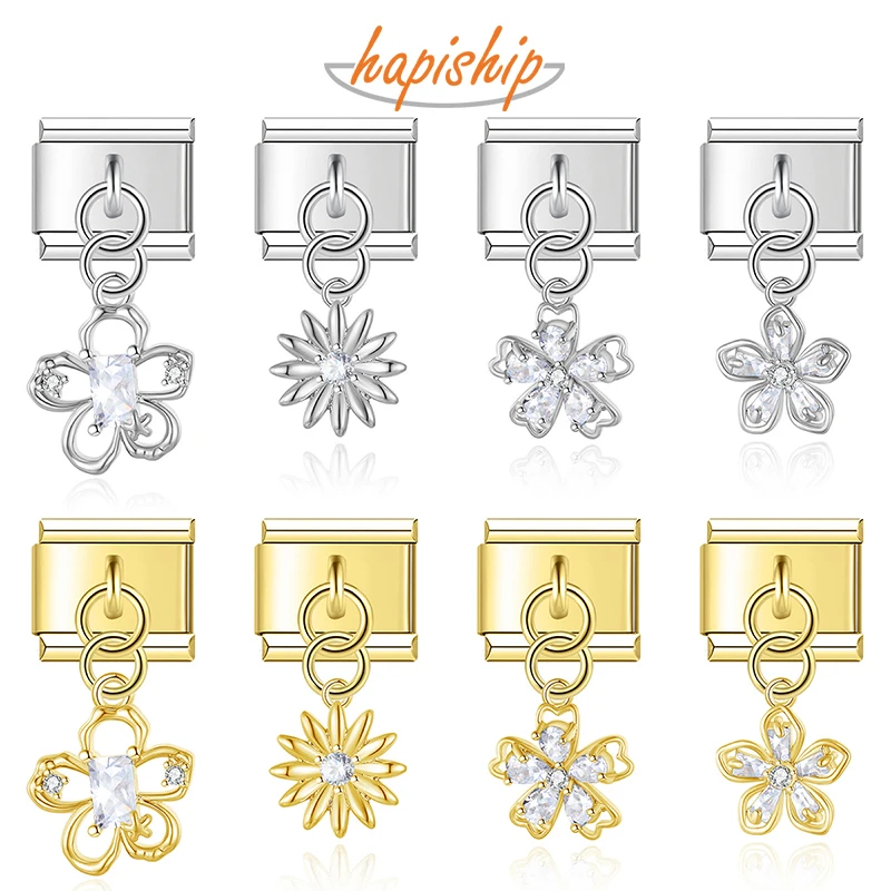 Hapiship 2025 Mode Frauen Süße Blume Glänzende CZ Italienische Charms Fit 9mm Edelstahl Armband, Die DIY Schmuck DJ1502