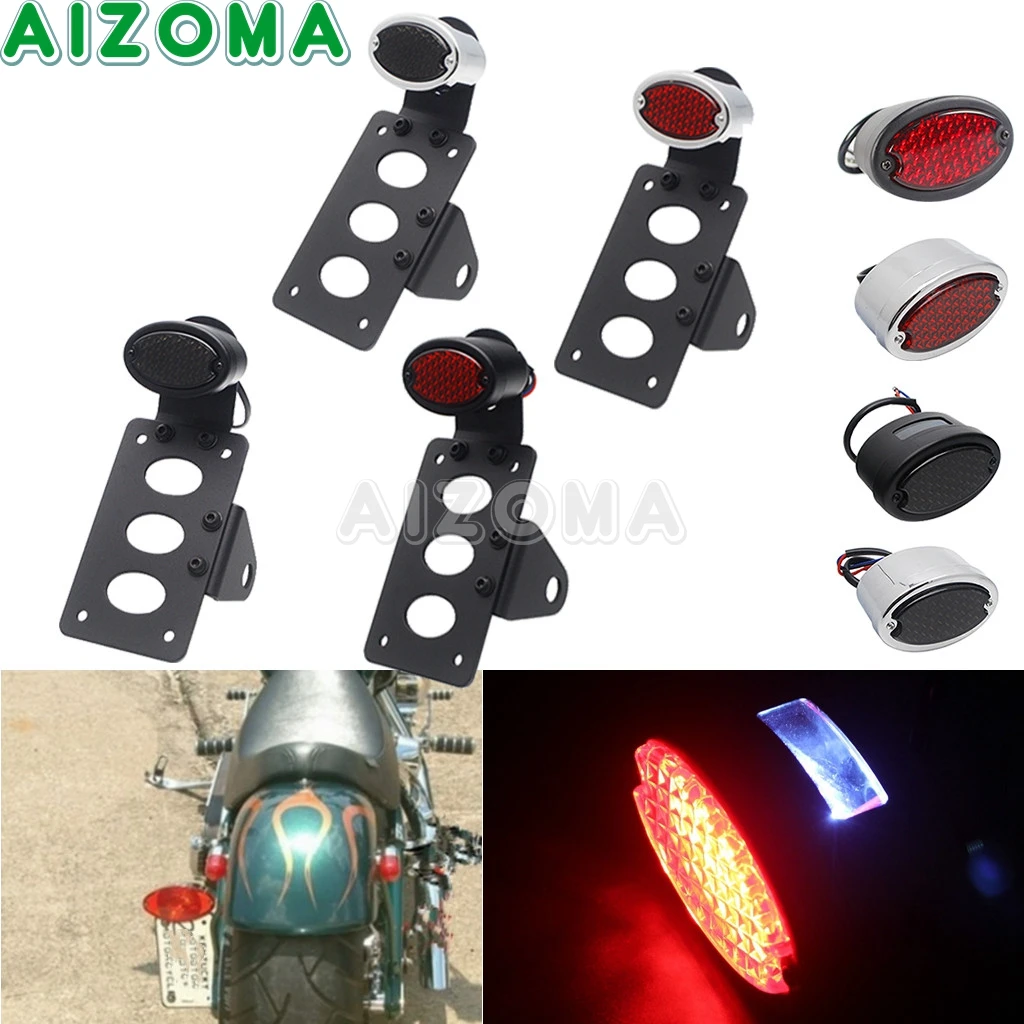 Motorcycle Rear Cat Eye LED License Plate Brake Tail Light For Harley Chopper Bobber Honda Yamaha Suzuki Side Mount Tail Light