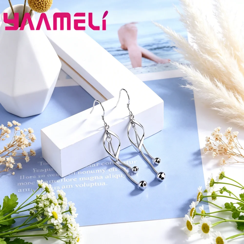 Women Korean Style Drop Earrings Elegant 925 Sterling Silver Long Line Beads Pendientes Jewelry Girl Gifts Big Promotion