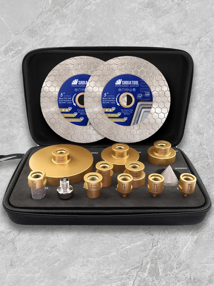 SHDIATOOL 14-teiliges Diamant-Bohrerset Ø6-110mm Kernbohrer+50mm Abschrägungsfräser+125mm Schneidscheibe M14 Fliesenwerkzeug