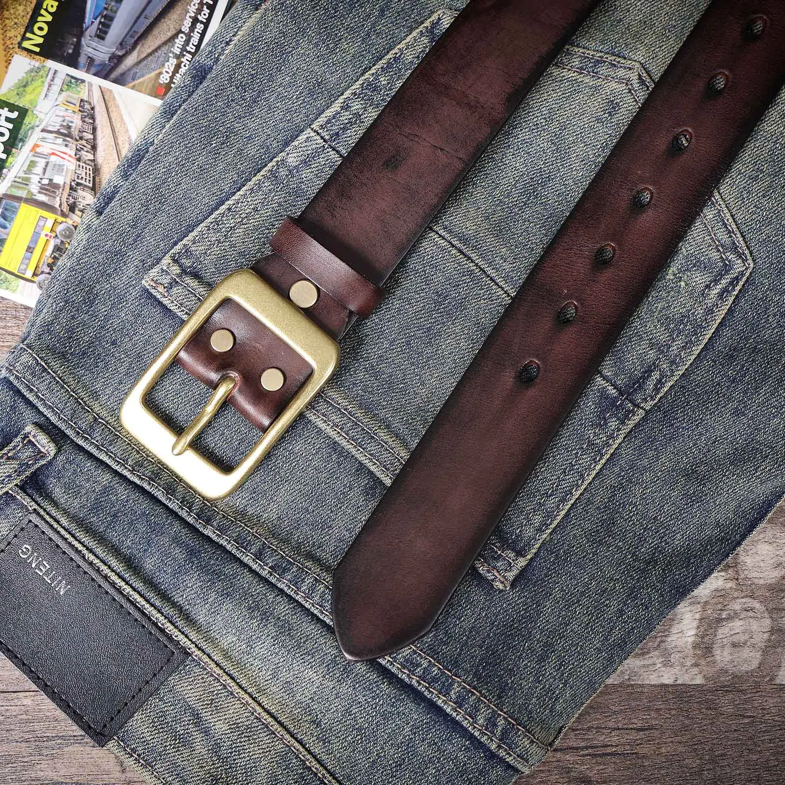 Vintage Echt leder Herren gürtel mit massiver Messings chnalle, hand gefertigte lässige Nadel schnalle verdicktes italienisches Rindsleder mit Geschenk box – Detail 17