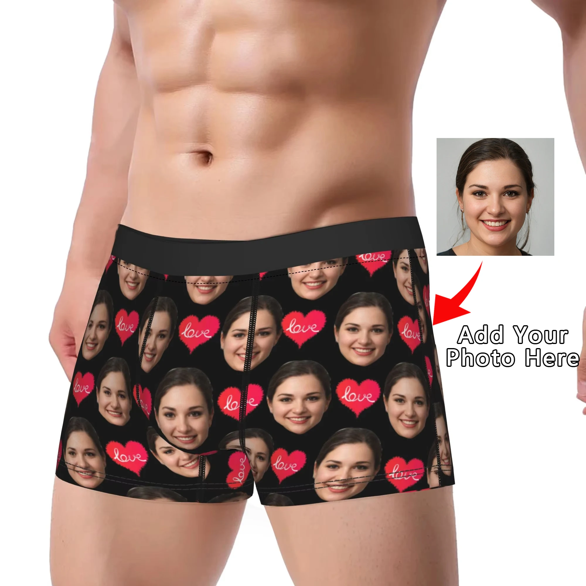 Custom Head Image Underwear Love Heart Pattern Trunk Hot Sale Men Underpants Sexy Soft Shorts Briefs Gift