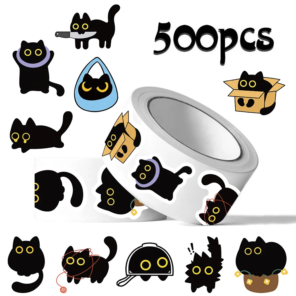 500 Stück/Rolle Niedliche Schwarze Katzen Cartoon-Aufkleber Kreative DIY PVC Laptop-Aufkleber Dekorative Sticker Belohnungsgeschenk