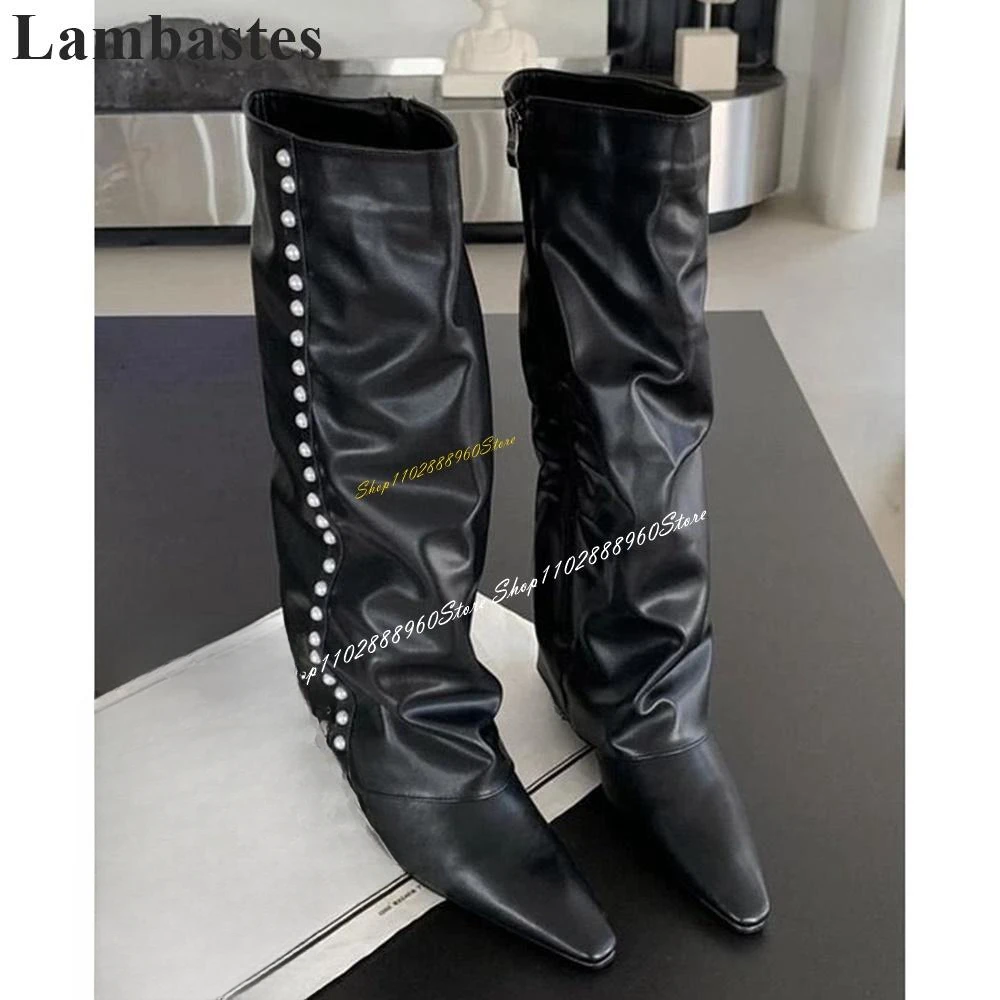 Knee High Turned Over Black Pearl Decor Boots Wedges Heel Women Shoes Side Zipper Pointed Toe 2024 Fashion Zapatos Para Mujere