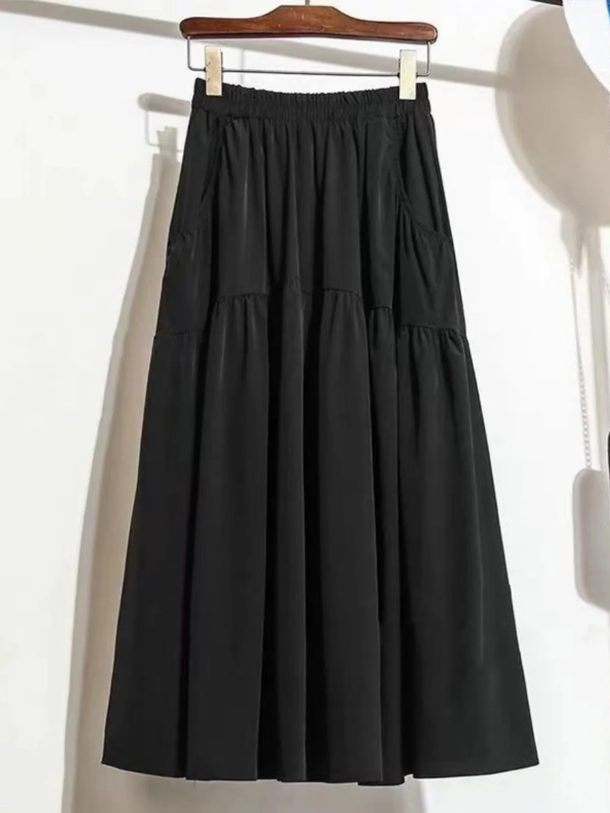 Spring Summer Black Pocket Half Skirt A-Line Midi Dress Slimming Large Swing High Waist Versatile Women's Fashion Premium Feel