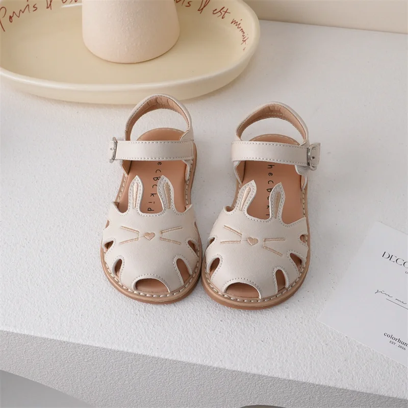 Children Sandals Girls Cartoon Cat Hook-loop Summer Sandals Breathable Toe Protection Soft Sole Casual Shoes Size 21-30