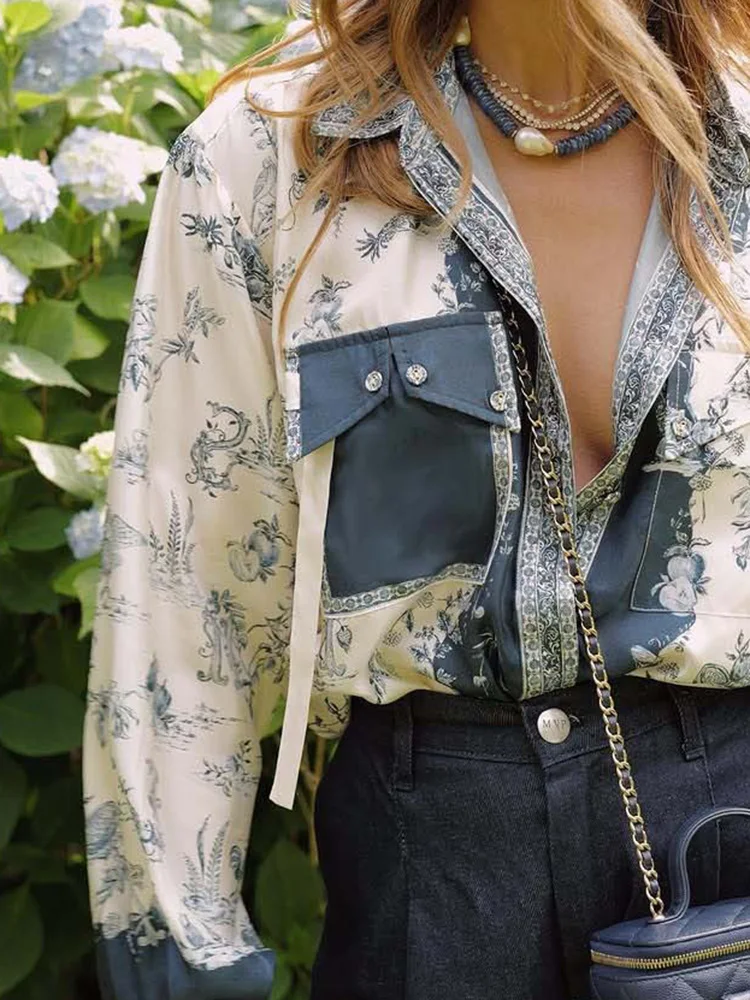 Blusa elegante de satén para ir al trabajo para mujer, camisas informales de manga larga con solapa estampada, blusa holgada de un solo pecho para mujer