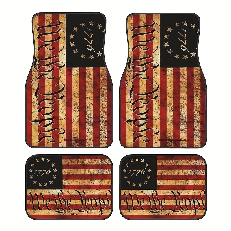 

4-Pack 1776 Flag Printed Car Floor Mats - Independence Design With Stars & Stripes, Easy-Clean Polyester Fiber, All-Weather Prot