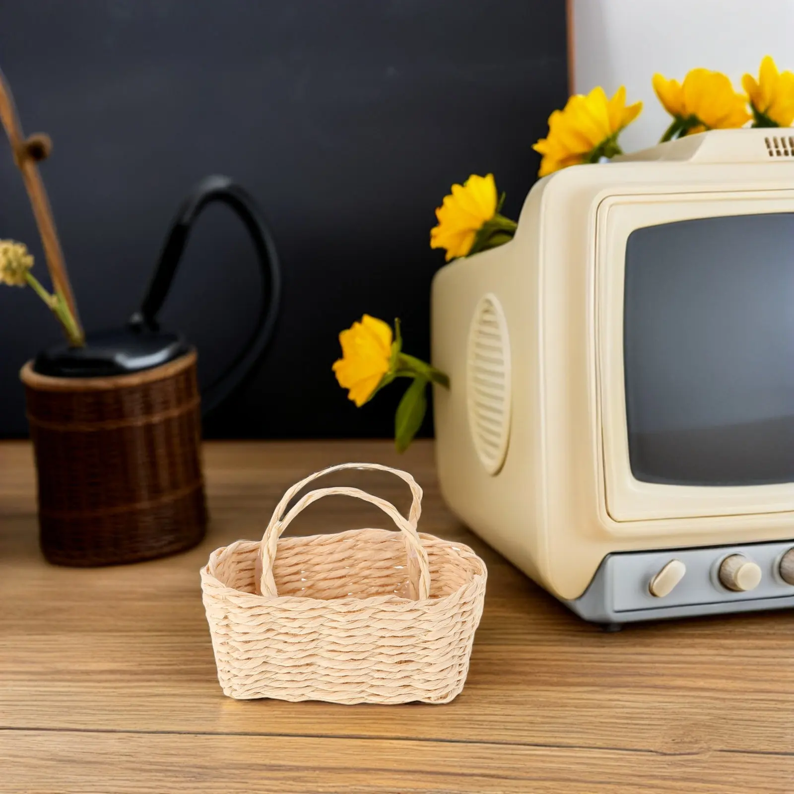 

Miniature Rattan Basket for Dollhouse Accessories Tiny Storage Basket Handmade Wicker Fruit Egg Shopping Display Pretend Play