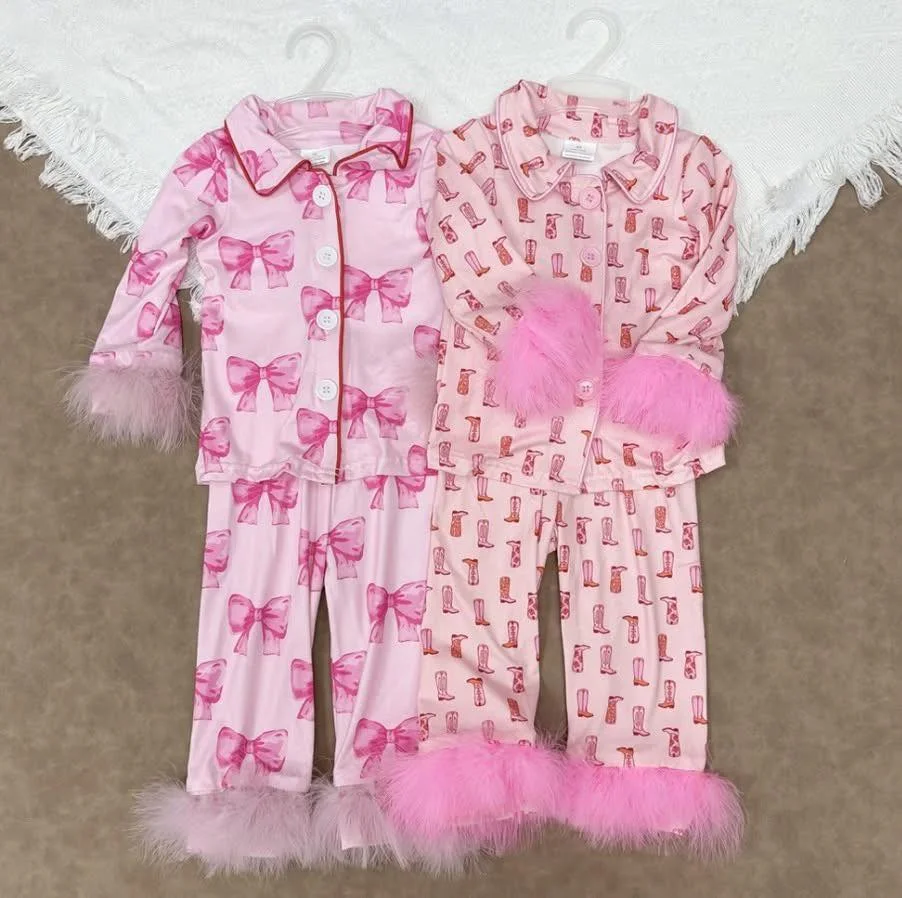 

z94-17 GLP1868 Wholesale baby girls clothes matching pink plush edge long sleeve pants pajamas set Boutique kids clothes girls