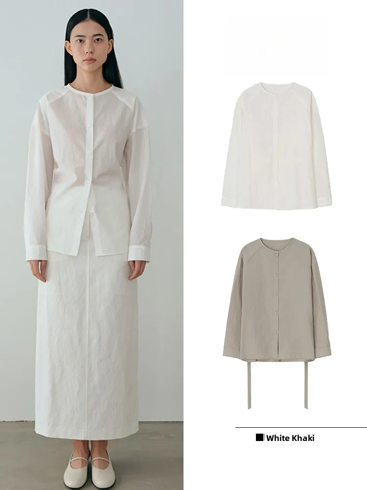 

Moia Women's Shirt Bow Design Long Sleeve round Neck Loose Fit Korean Style Spring Summer New Arrival Cotton Nylon Blend