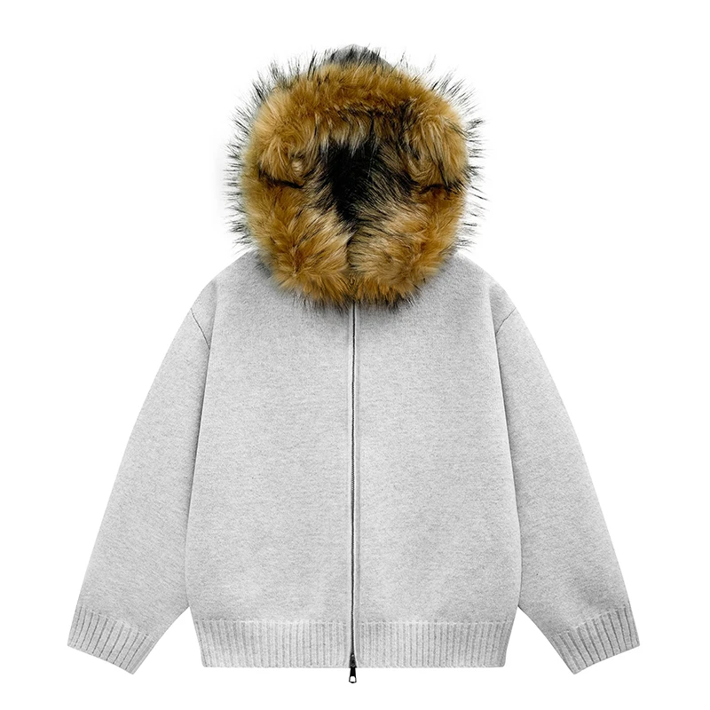 

Autumn Simple Knitted Cardigan Hooded Jacket For Men Women Winter Street Detachable Fur Collar Thick Warm Casual Zipper Jacket