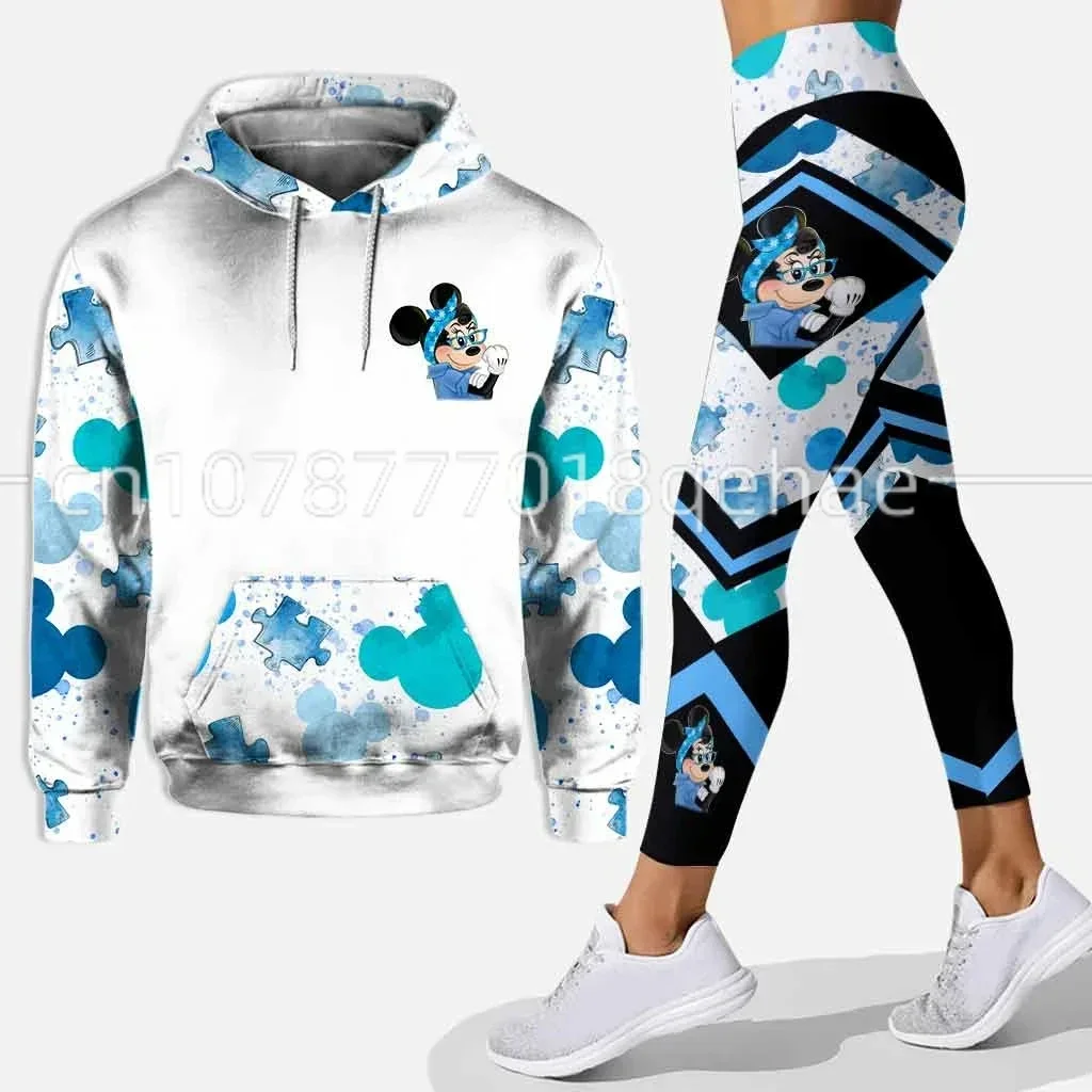 Disney-Conjunto de sudadera con capucha y Leggings de Mickey y Minnie para mujer, pantalones de Yoga de Minnie, pantalones de chándal, traje deportivo de moda