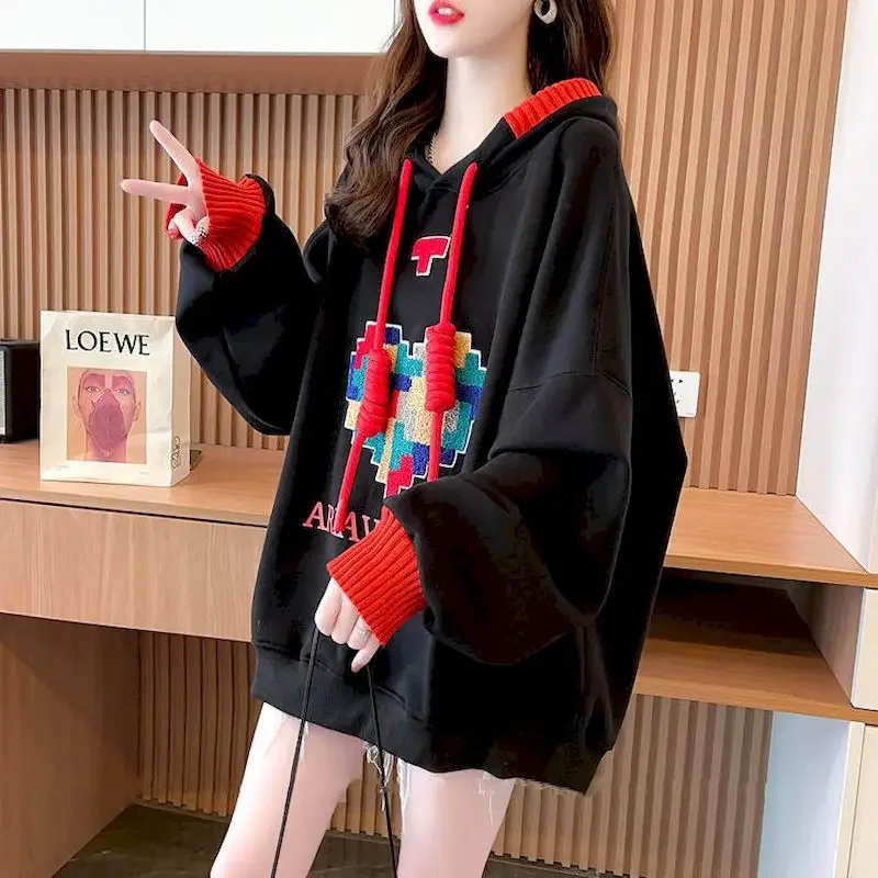 Casual Fashion Hoodies Women Korean Style Loose Top Small Letter Embroidered Hooded Jackets Plus Velvet Thicken Autumn Winter