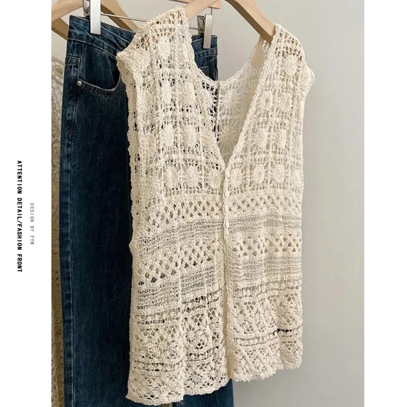 

Ретро-жилет из ажурного трикотажа с V-образным вырезом для женщин, весна-лето, для многослойных образов, в стиле Ins