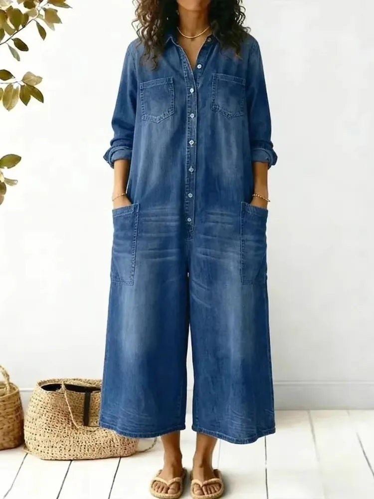 UOOZEE 2026 New Trendy Streetwear Denim Lapel Jumpsuits Women Long Sleeves Buttoned Pockets Loose Casual Wide Leg Overalls