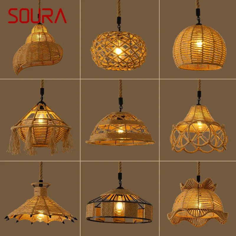 SOURA American Style Retrohemp Rope Chandelier Nostalgic Loft Industrial Style Internet Cafe Restaurant Hot Pot Shop Pendant