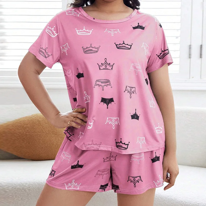 Plus Size XL-5XL Women\'s Pajama Set Letter Print Soft Summer Short-sleeved Shorts Faux Cotton Sleepwear Nightwear Loungewear 2PC