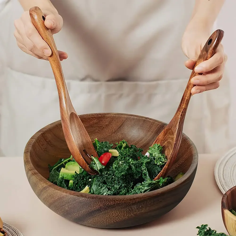 Tigelas de salada Leeseph, tigelas de salada de madeira, tigela grande de madeira de acácia para frutas, saladas, ecológica