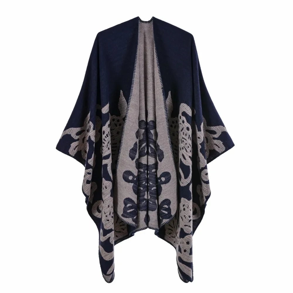 

Autumn Winter Women Shawl Fashion Imitation Cashmere Jacquard Fork Thickened Cloak Lady Warm Shawl Ponchos Capes Black