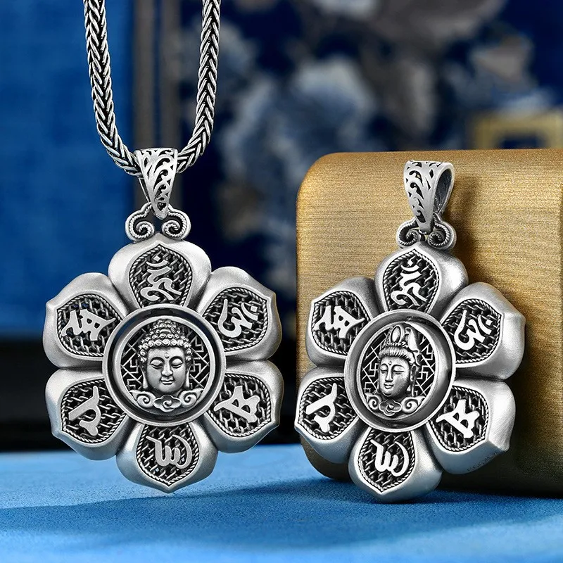 BOCAI Real S999 Silver Ancient Law Inheritance Buddha / Bodhisatt / Six-Character Mantra Turning Pendant for Men and Women