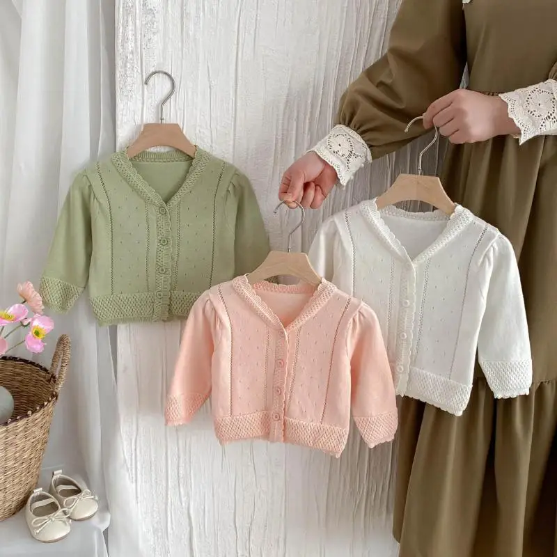 

2025 Summer New Baby Long Sleeve Knitted Cardigan Cotton Girls Sunscreen Jacket Infant Toddler Sweater Coat Princess Clothes
