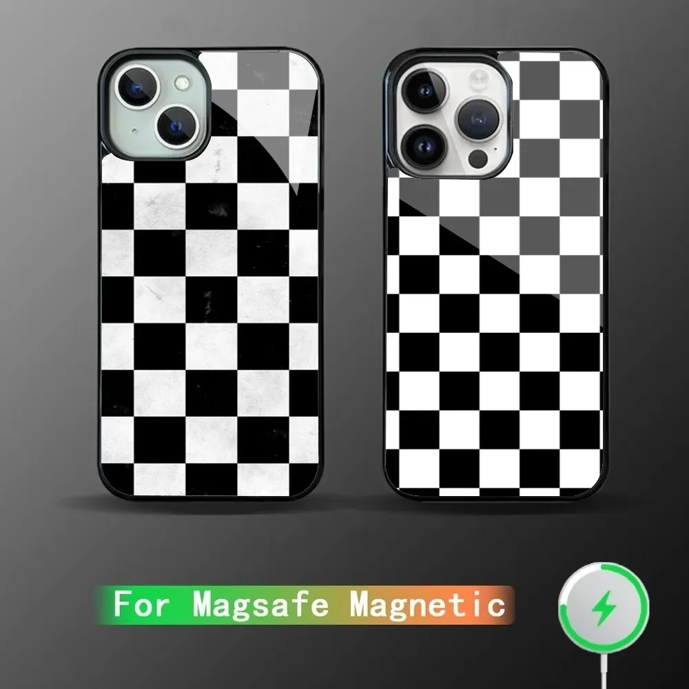 Nero bianco Checkerboar Case Strong Magnetic IPhone 15 14 13 Pro Max 11 12 Mini Alex Mirror Magsafe Wireless Charging Cover