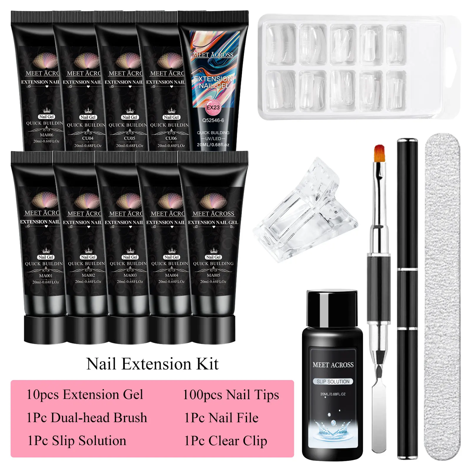 15-teiliges rosa Glitzer-Schnellverlängerungs-Gel-Nagellack-Set mit Slip-Lösung, Nagelschieber, Nagelclip, Pinsel, Datei, Verlängerungsgel-Werkzeuge