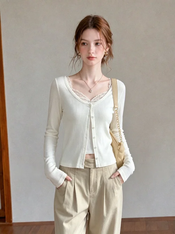 Elegant Women's Knitted Lace Top And Cardigan Set Casual Style Breathable Lightweight Long Sleeve round Neck Two-Piece Suit