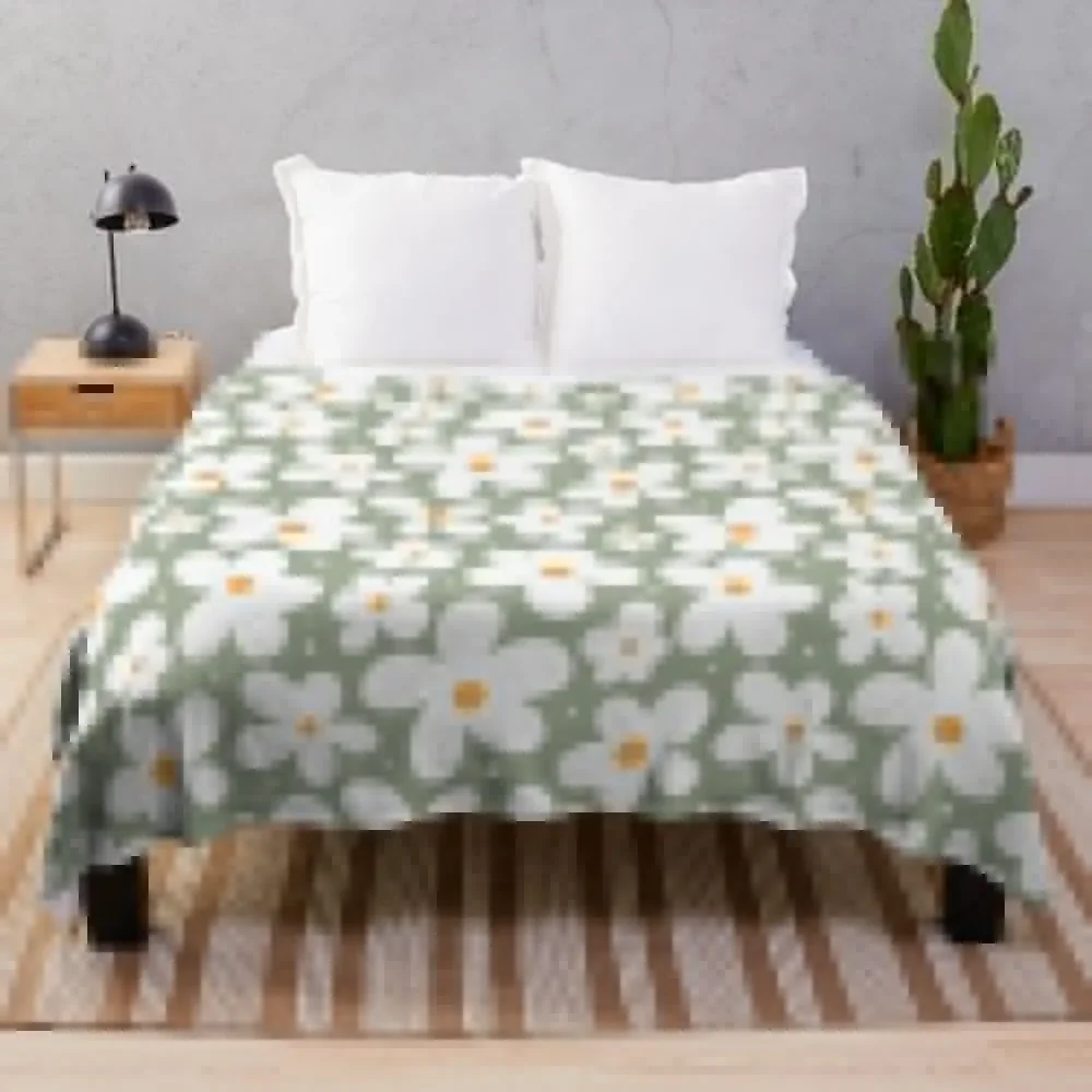 Groovy Daisies Floral Retro Daisy Pattern Sage Olive Green Throw Blanket Beach Tourist Travel Blankets