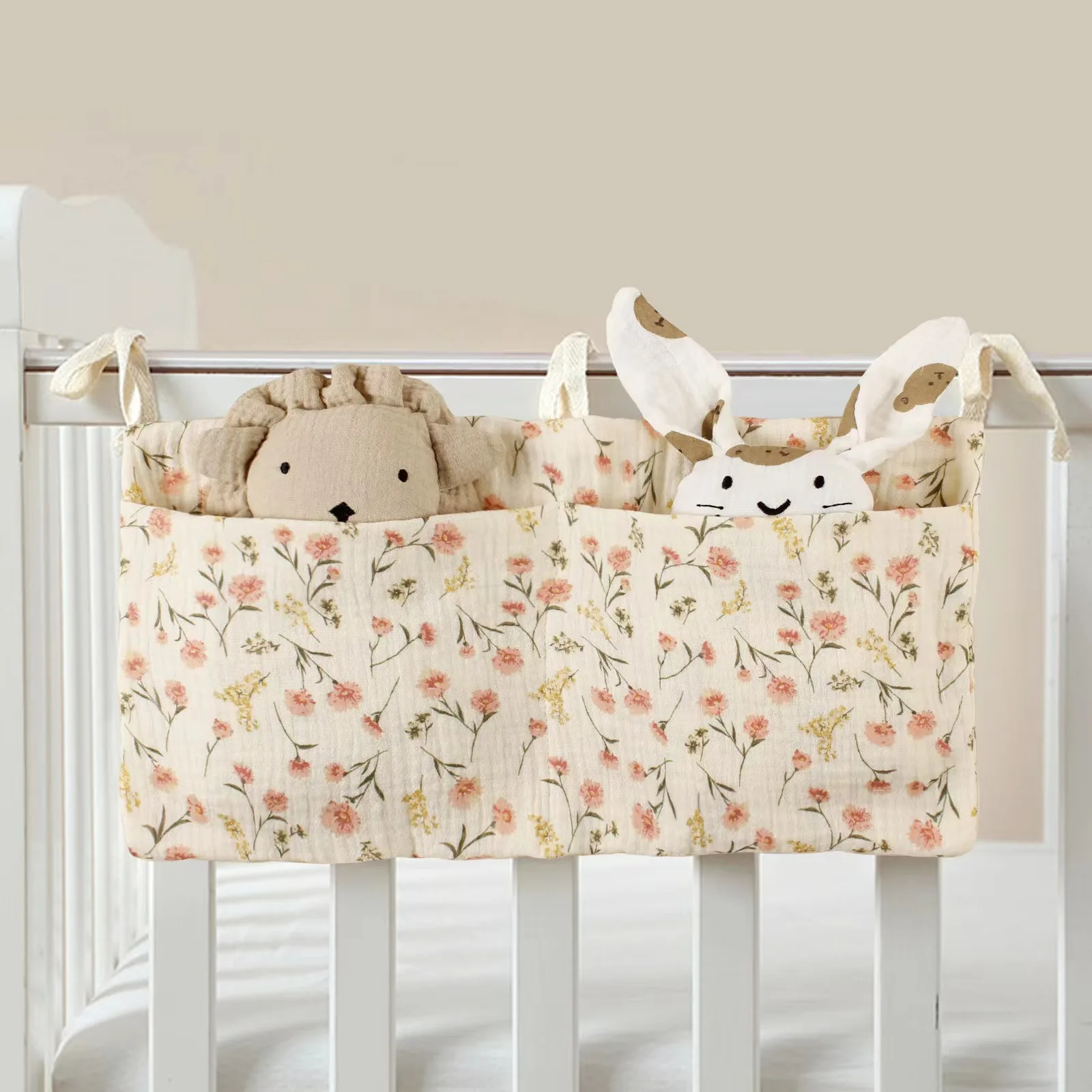 Pure cotton baby bedside double pocket children\'s bottle bedside hanging bag baby diaper storage stroller hanging bag